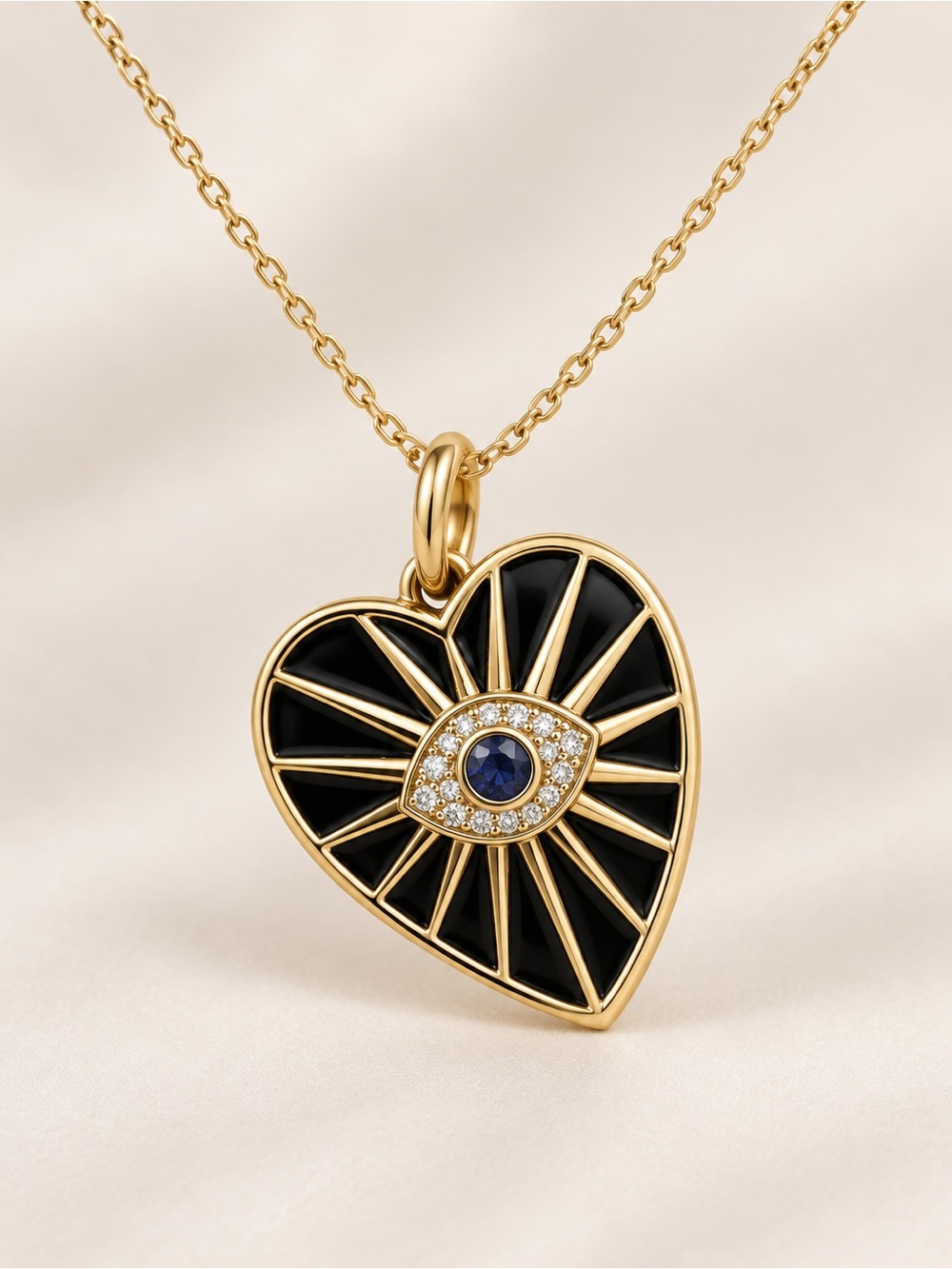 🖤 14K Gold Evil Eye Heart Pendant | Black Enamel • Diamonds • Blue Sapphire